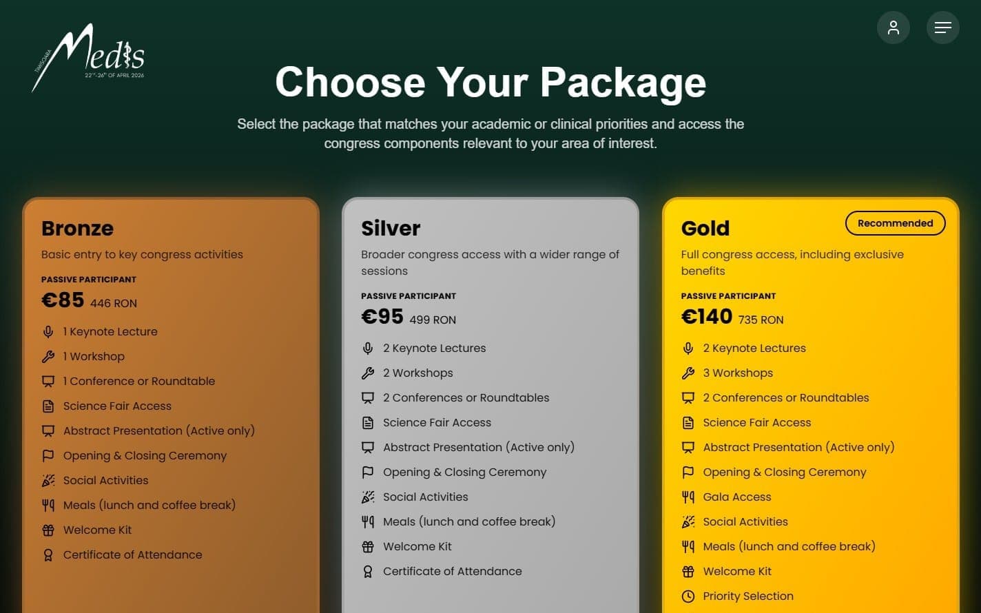 Pachetele de participare Bronze, Silver și Gold pe site-ul congresului MEDIS, fiecare cu lista de drepturi de acces
