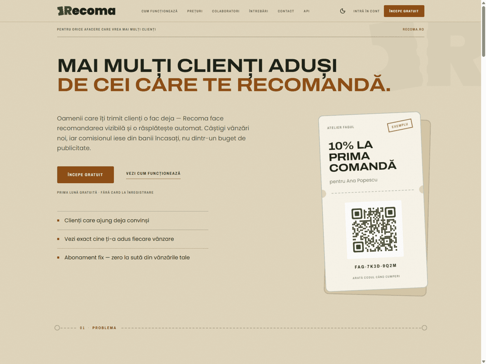 Pagina principală Recoma, cu voucherul de recomandare și codul QR aferent